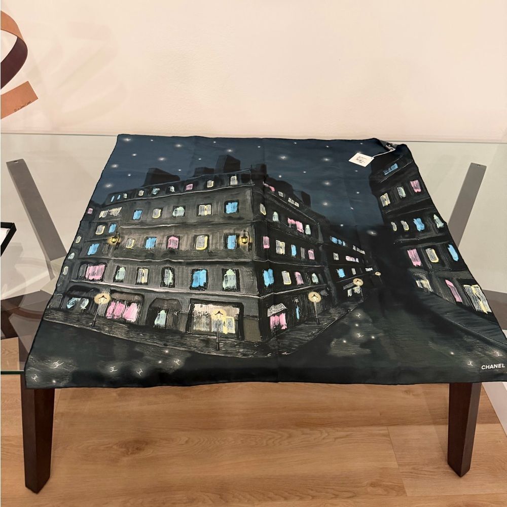Chanel 25B 90cm Silk Carré Scarf Paris Night Scene CC Logo NWT Rare